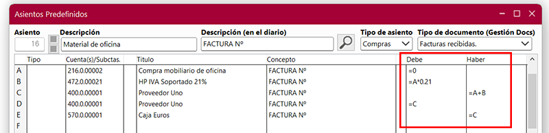 Ventana Asientos Predefinidos en ClassicConta 7.